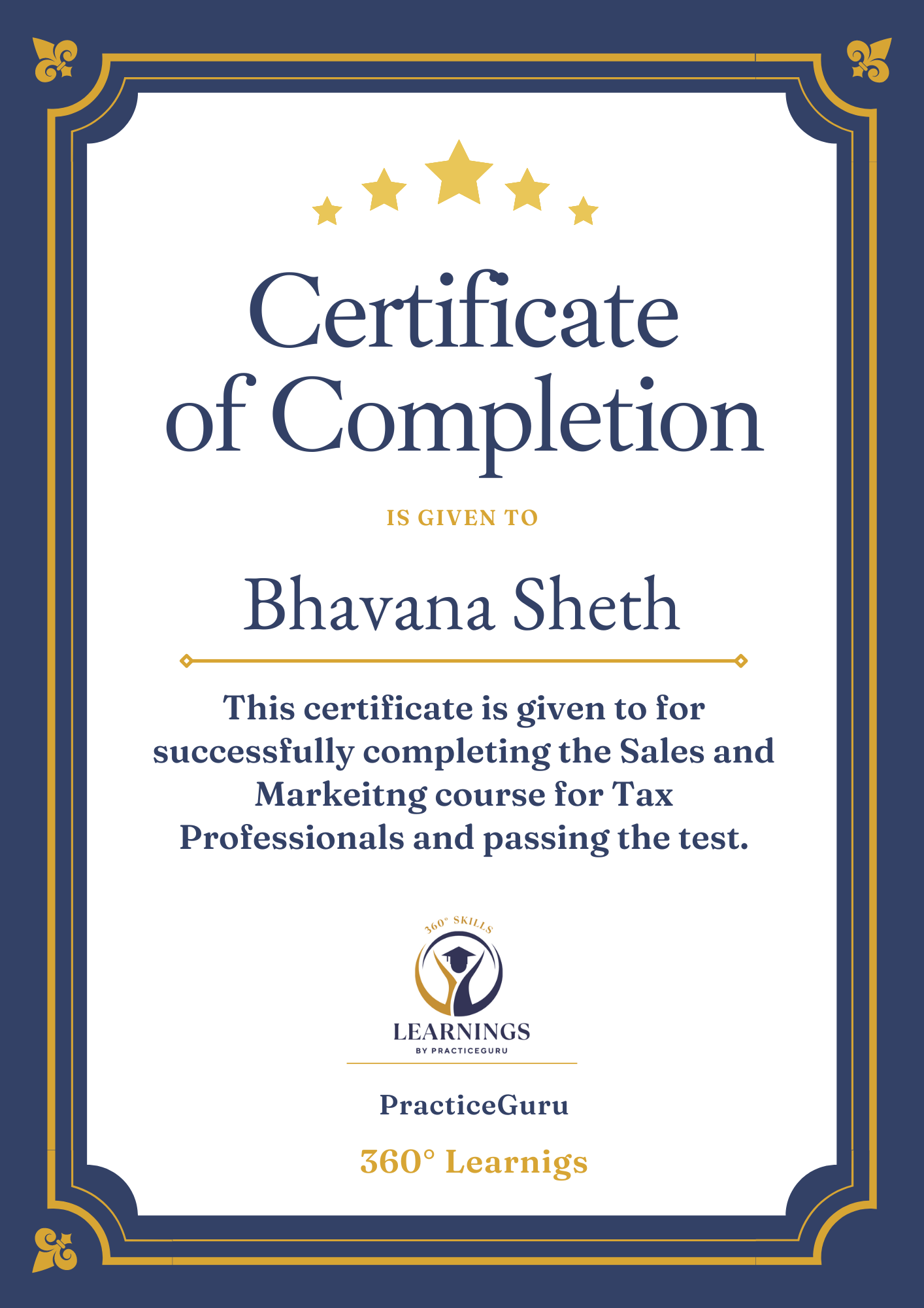 Sample Sales Academy certificate